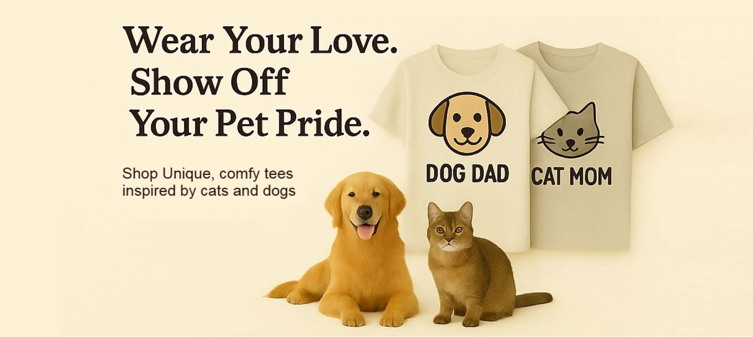 Dog dad and cat mom t-shirts with a golden retriever and cat, promoting pet lover gifts and funny cat and dog shirts.