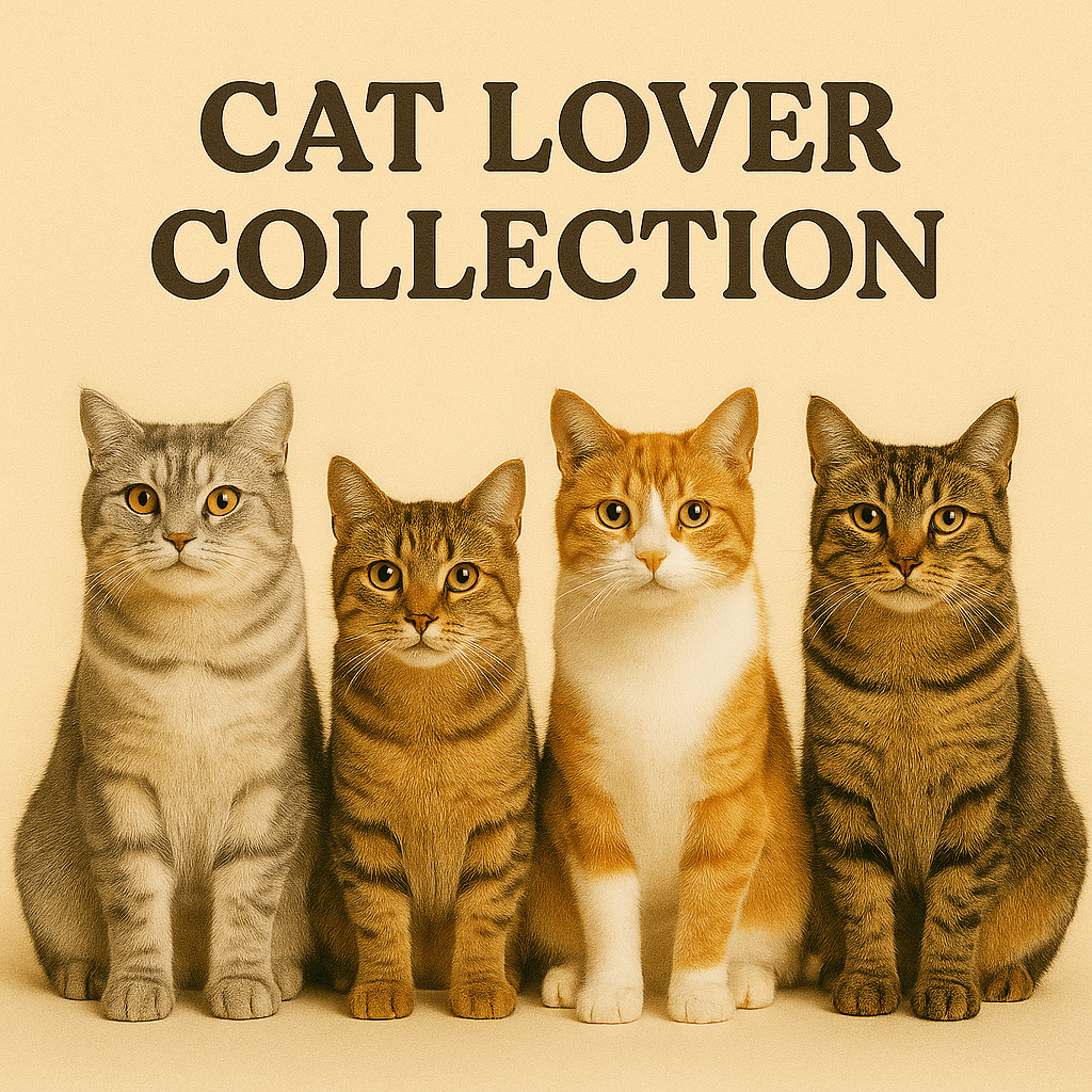 Four cats representing the Cat Lover Collection featuring cat t-shirts for cat lovers, cat mom shirts, and pet lover gift ideas.