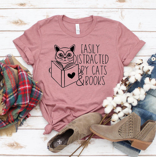 Easily Distracted By cats & Books T-shirt