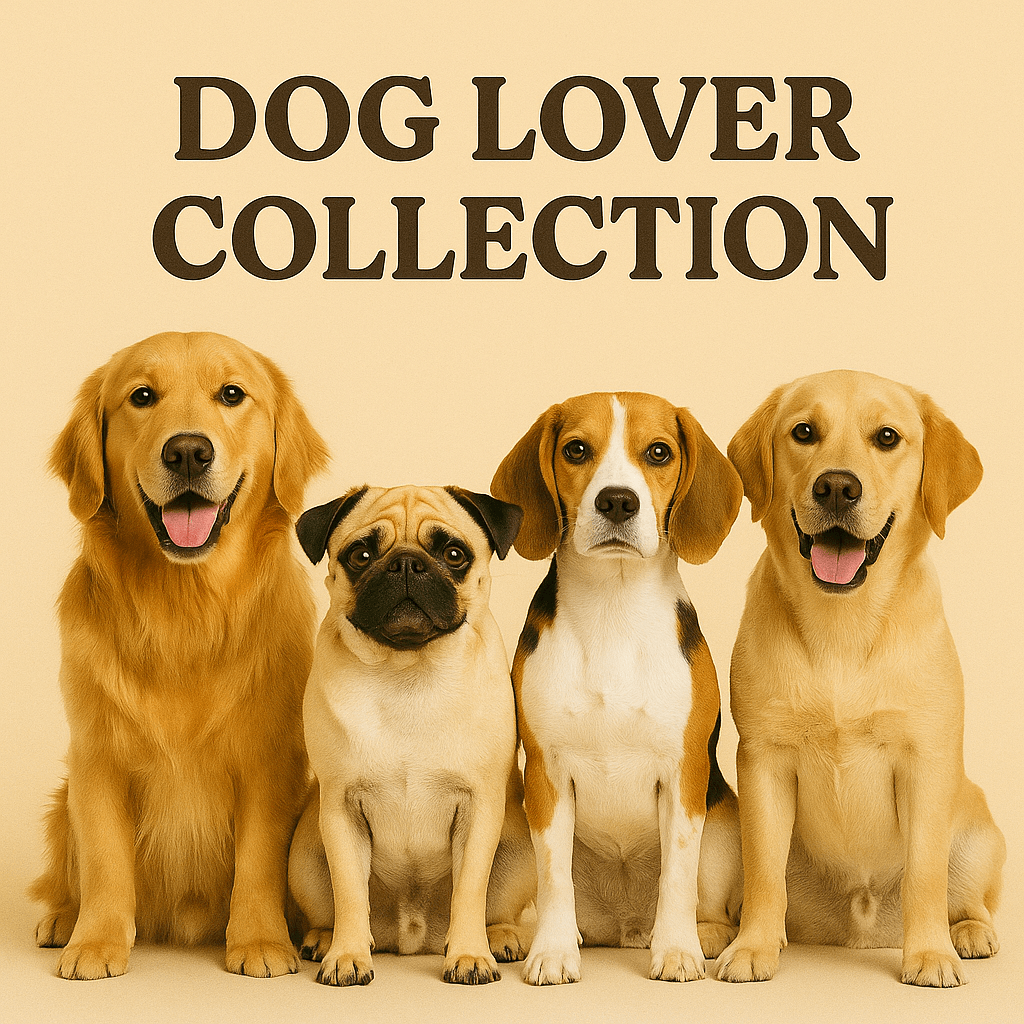Four dogs representing the Dog Lover Collection featuring dog t-shirts, dog dad tees, and gifts for dog lovers.